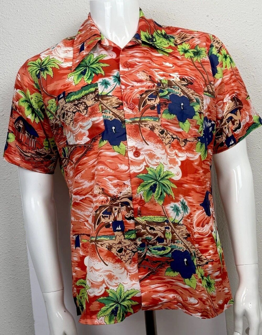Sears Roebuck Vintage 70s Hawaiian Shirt Large Tiki Hut Hibiscus Orange Spicoli